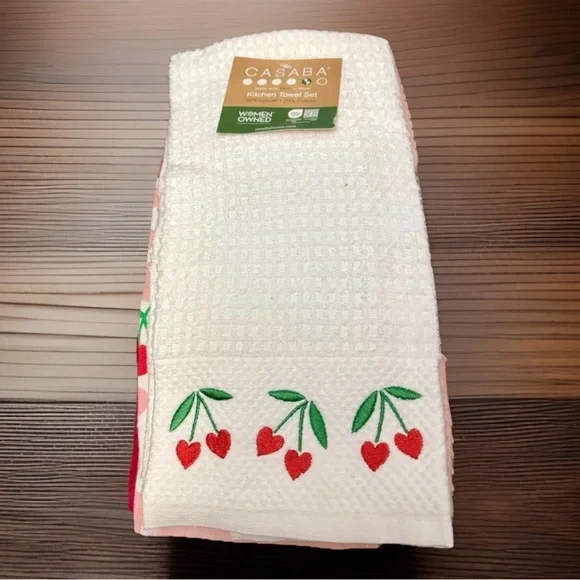 NEW Casaba Embroidered Kitchen Towel Set of 3 Hearts Solid Pink Cherries Cotton - Picture 2 of 7